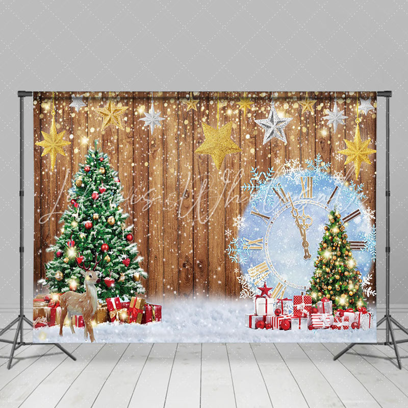Lofaris Wooden Xmas Tree Elk Snowy Clock Christmas Backdrop