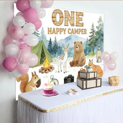 Lofaris Woodland Camping One Happy Camper 1st Birthday Backdrop with Forest Animals Nature Photography Background for Party Decor