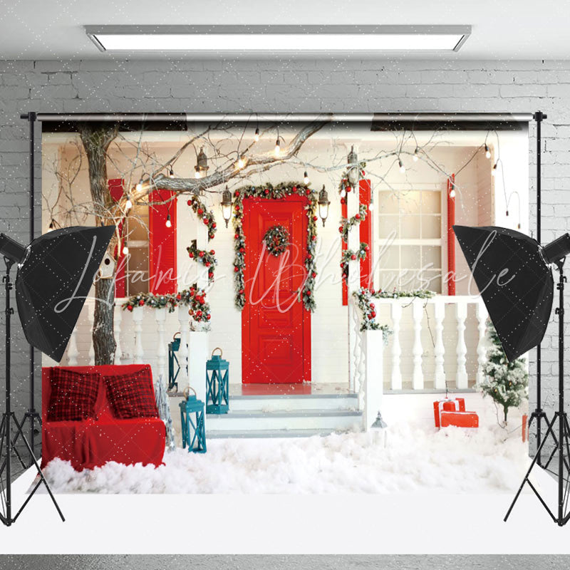 Lofaris Wreath Red Door Trees Sofa Warm Christams Backdrop