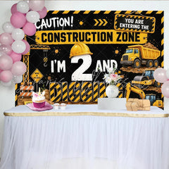 Lofaris Yellow and Black Construction 2nd Birthday Backdrop Little Builder Party Decor with Dump Truck and Crane Background