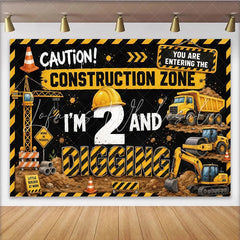 Lofaris Yellow and Black Construction 2nd Birthday Backdrop Little Builder Party Decor with Dump Truck and Crane Background
