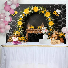 Lofaris Yellow Bee Baby Shower Backdrop with Honeycomb and Floral Arch Rustic Lanterns Photography Background for Party Decor