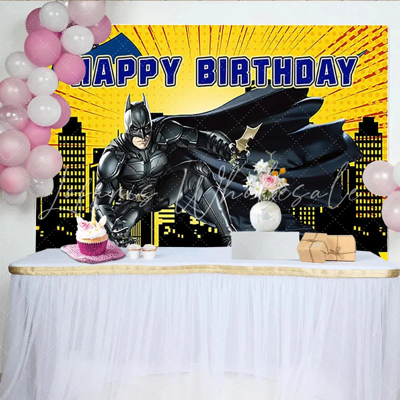 Lofaris Yellow Comic Superhero Birthday Backdrop with City Skyline and Bat Symbol Action Packed Party Background for Kids
