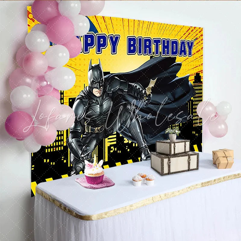Lofaris Yellow Comic Superhero Birthday Backdrop with City Skyline and Bat Symbol Action Packed Party Background for Kids