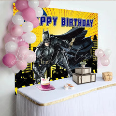 Lofaris Yellow Comic Superhero Birthday Backdrop with City Skyline and Bat Symbol Action Packed Party Background for Kids