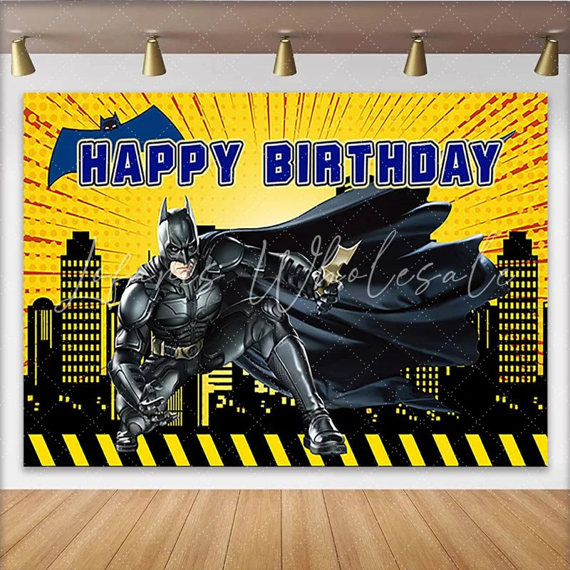 Lofaris Yellow Comic Superhero Birthday Backdrop with City Skyline and Bat Symbol Action Packed Party Background for Kids