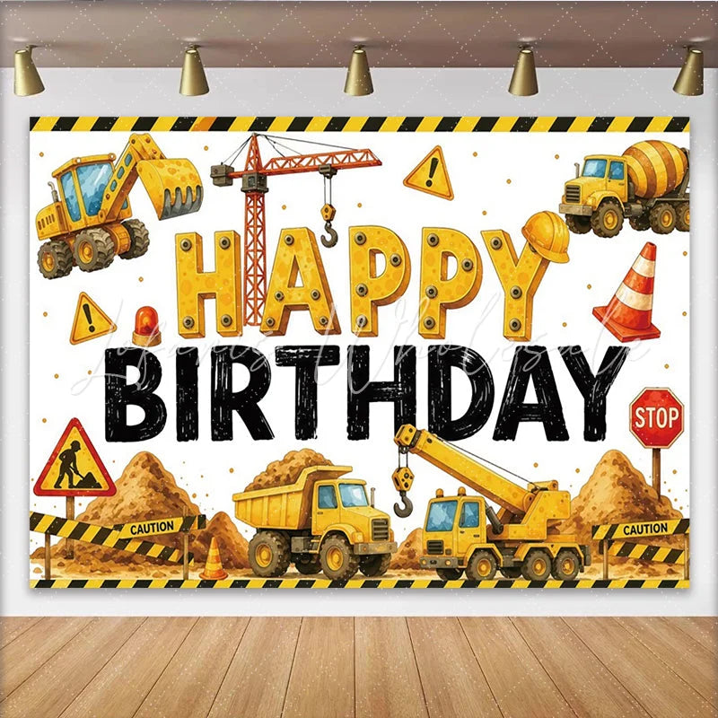 Lofaris Yellow Construction Birthday Backdrop with Excavator and Dump Truck Fun Party Decoration for Kids Photoshoot