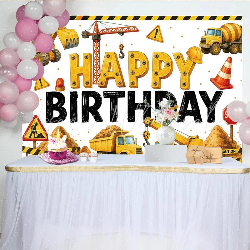 Lofaris Yellow Construction Birthday Backdrop with Excavator and Dump Truck Fun Party Decoration for Kids Photoshoot