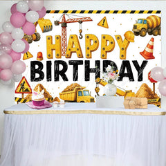 Lofaris Yellow Construction Birthday Backdrop with Excavator and Dump Truck Fun Party Decoration for Kids Photoshoot
