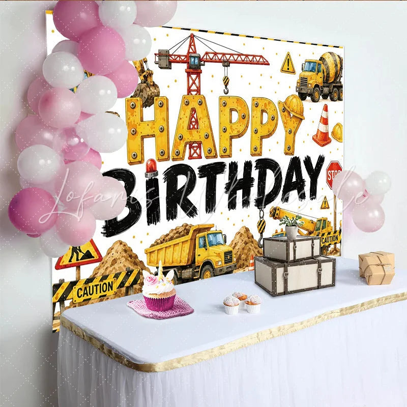 Lofaris Yellow Construction Birthday Backdrop with Excavator Crane and Dump Truck for Boys Party Industrial Theme Photo Background Decor