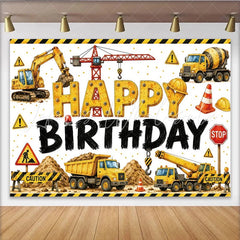 Lofaris Yellow Construction Birthday Backdrop with Excavator Crane and Dump Truck for Boys Party Industrial Theme Photo Background Decor