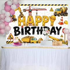 Lofaris Yellow Construction Birthday Backdrop with Excavator Crane and Dump Truck for Boys Party Industrial Theme Photo Background Decor