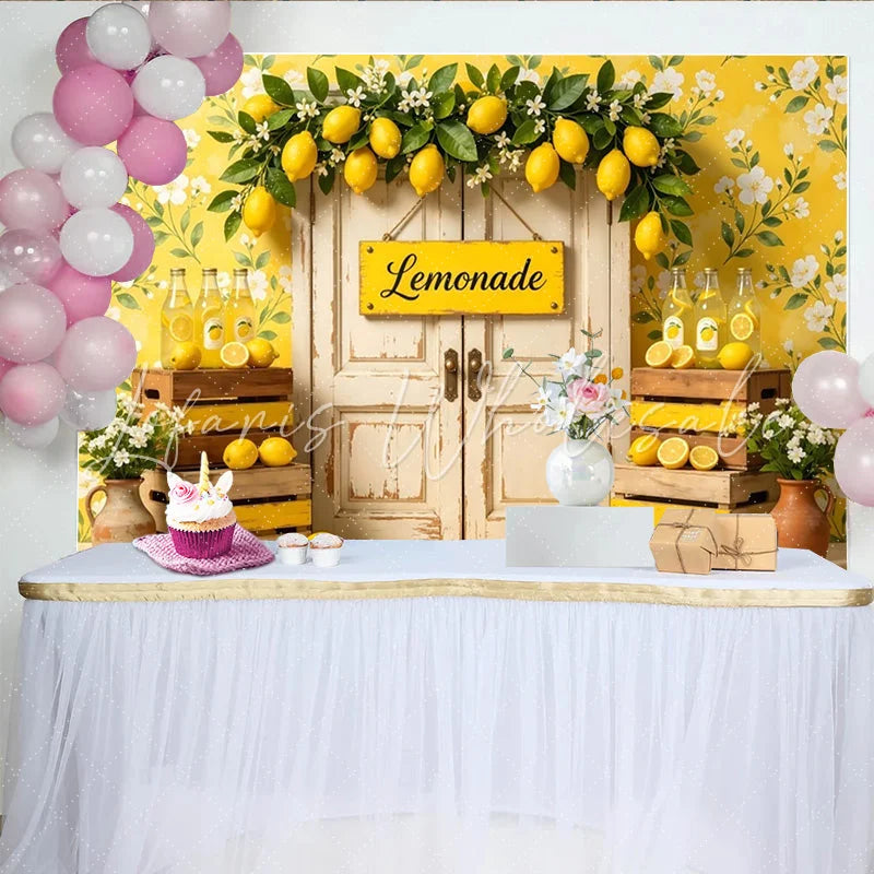 Lofaris Yellow Floral Lemonade Stand Photography Backdrop with Rustic Door Summer Lemon Theme Background for Studio Photoshoots