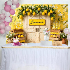 Lofaris Yellow Floral Lemonade Stand Photography Backdrop with Rustic Door Summer Lemon Theme Background for Studio Photoshoots