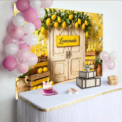 Lofaris Yellow Floral Lemonade Stand Photography Backdrop with Rustic Door Summer Lemon Theme Background for Studio Photoshoots