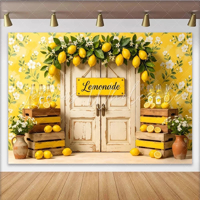 Lofaris Yellow Floral Lemonade Stand Photography Backdrop with Rustic Door Summer Lemon Theme Background for Studio Photoshoots