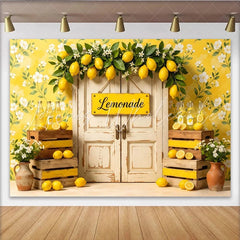 Lofaris Yellow Floral Lemonade Stand Photography Backdrop with Rustic Door Summer Lemon Theme Background for Studio Photoshoots