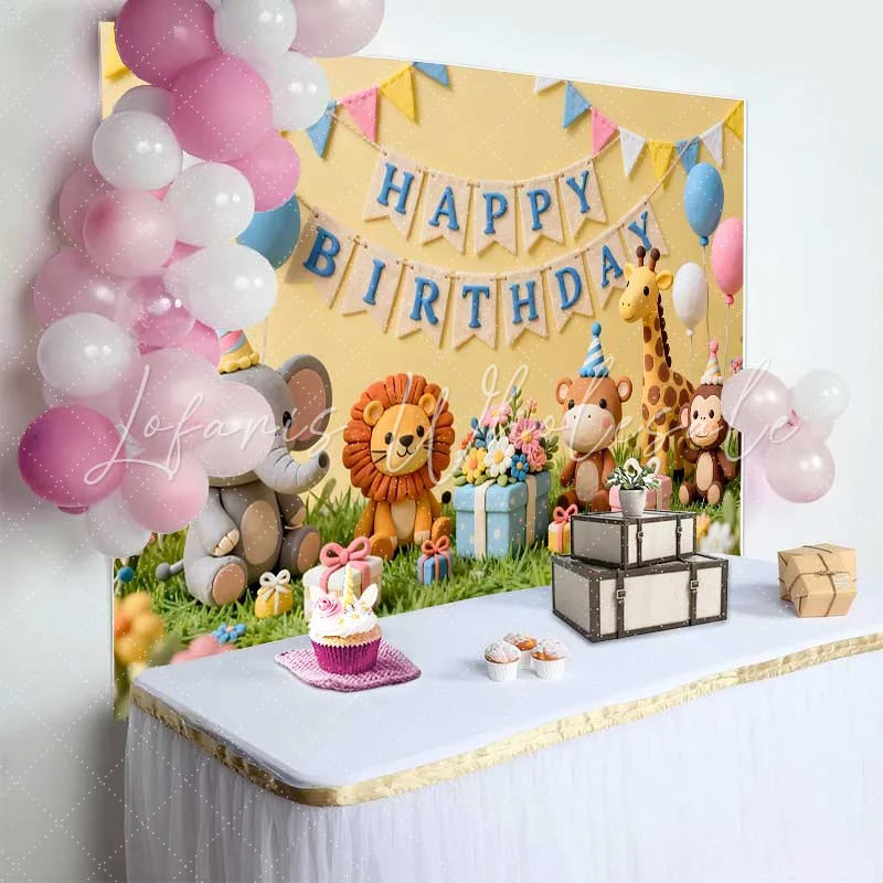 Lofaris Yellow Happy Birthday Backdrop with Cute Safari Animals Pastel Balloons and Gifts for Kids Party