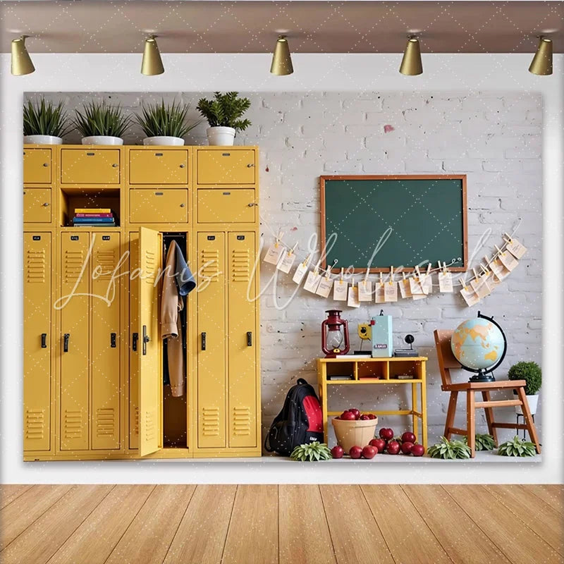 Lofaris Yellow Locker Back to School Backdrop with Chalkboard and Apples Classroom Photography Background for Kids and Students