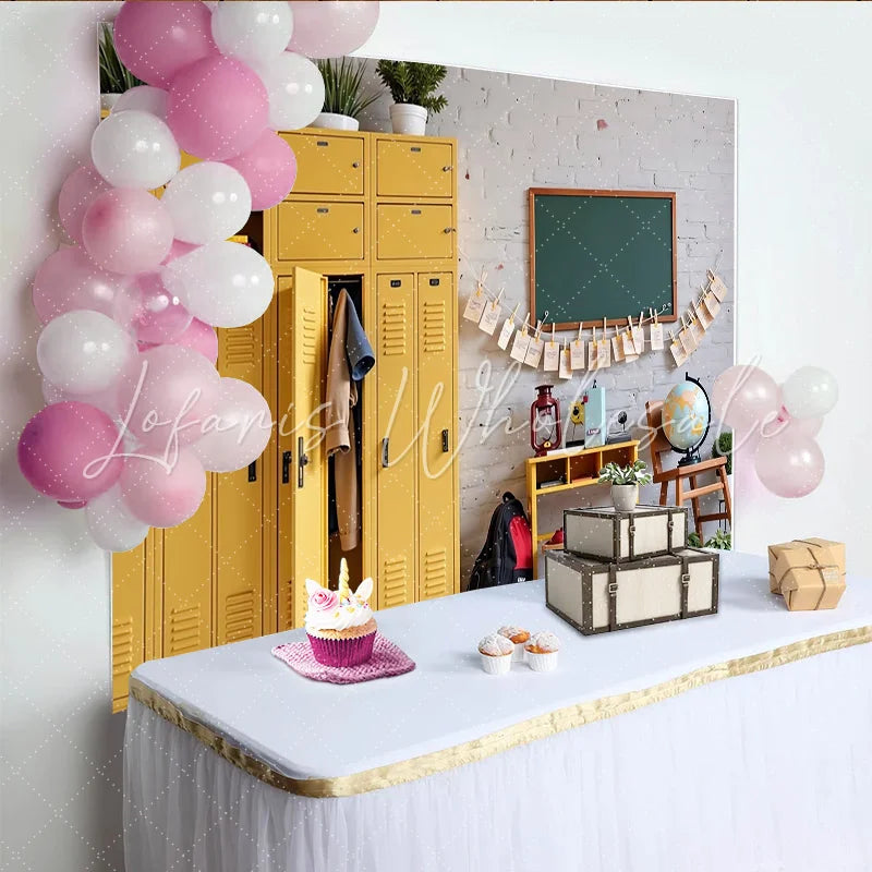 Lofaris Yellow Locker Back to School Backdrop with Chalkboard and Apples Classroom Photography Background for Kids and Students