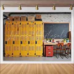 Lofaris Yellow School Locker Photography Backdrop with Blackboard and Wooden Desk Rustic Classroom Background for Student Portraits
