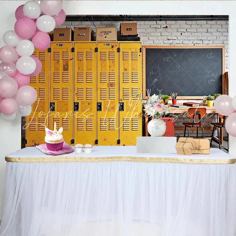 Lofaris Yellow School Locker Photography Backdrop with Blackboard and Wooden Desk Rustic Classroom Background for Student Portraits