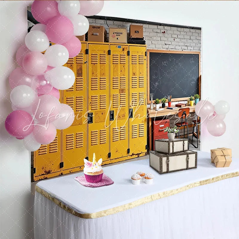 Lofaris Yellow School Locker Photography Backdrop with Blackboard and Wooden Desk Rustic Classroom Background for Student Portraits