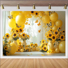 Lofaris Yellow Sunflower Photography Backdrop with Balloons and Butterflies Elegant Studio Background for Spring Photoshoot