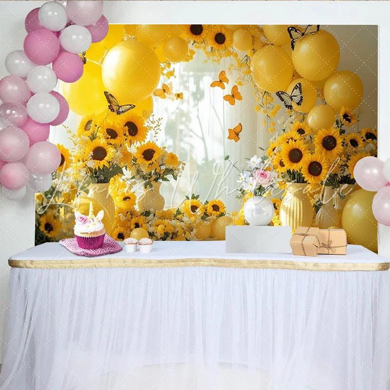 Lofaris Yellow Sunflower Photography Backdrop with Balloons and Butterflies Elegant Studio Background for Spring Photoshoot