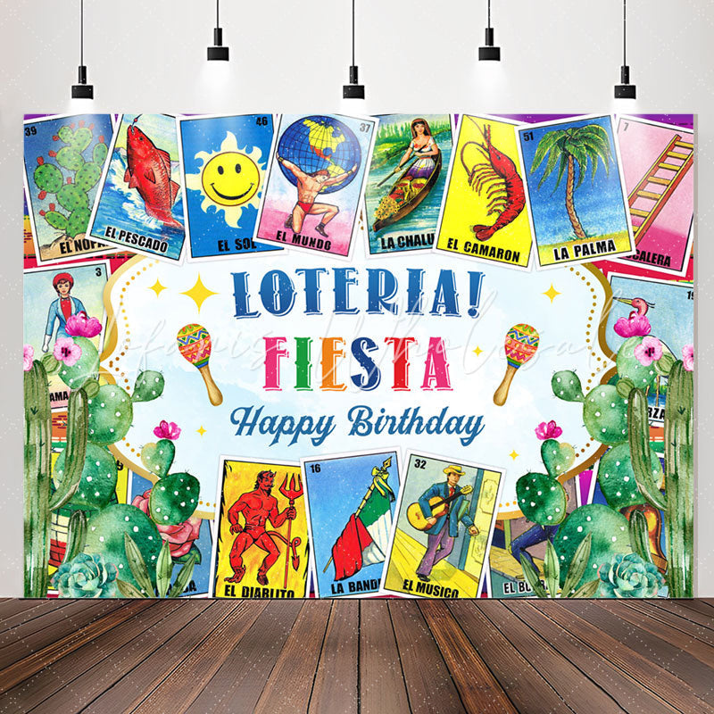 Lofaris Loteria Fiesta Stamps Cactus Happy Birthday Backdrop