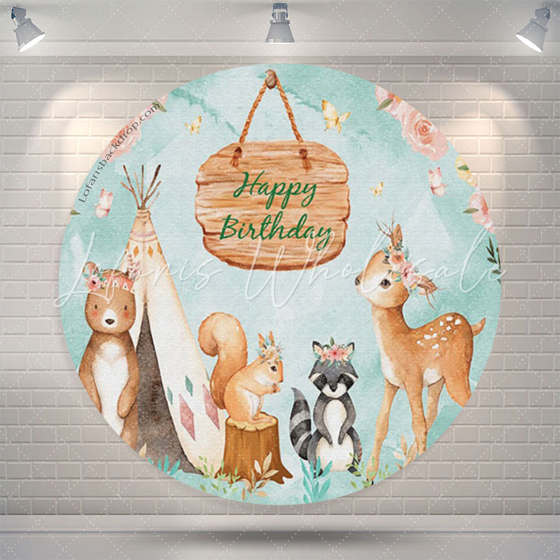 Lofaris Lovely Jungle Animals Floral Circle Birthday Backdrop