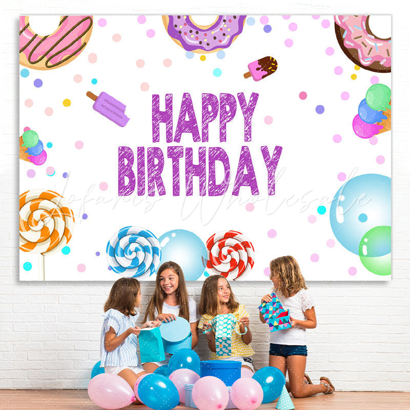 Lofaris Lovely Lollipop Donut Ice-Cream Happy Birthday Backdrop
