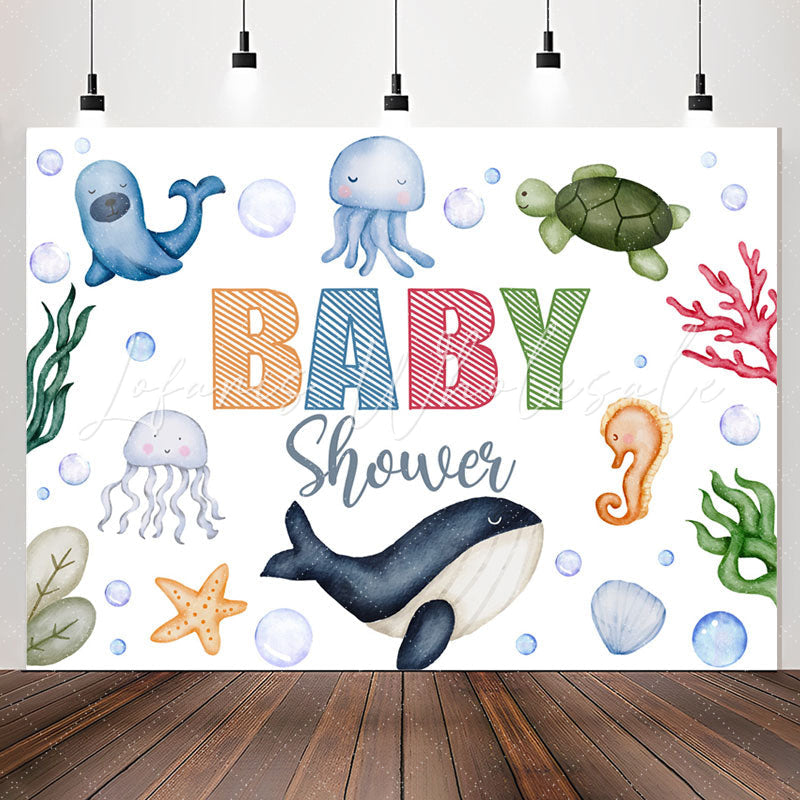 Lofaris Lovely Undersea Creatures White Baby Shower Backdrop