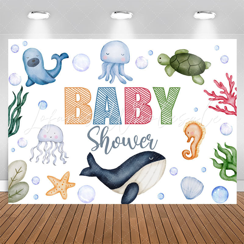 Lofaris Lovely Undersea Creatures White Baby Shower Backdrop