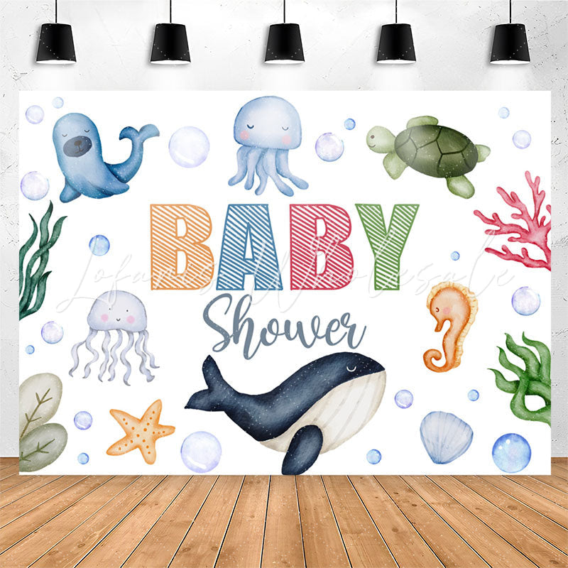 Lofaris Lovely Undersea Creatures White Baby Shower Backdrop