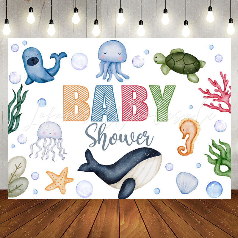 Lofaris Lovely Undersea Creatures White Baby Shower Backdrop
