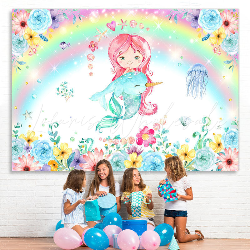 Lofaris Mermaid And Dolphin With Floral Birthday Party Backdrop