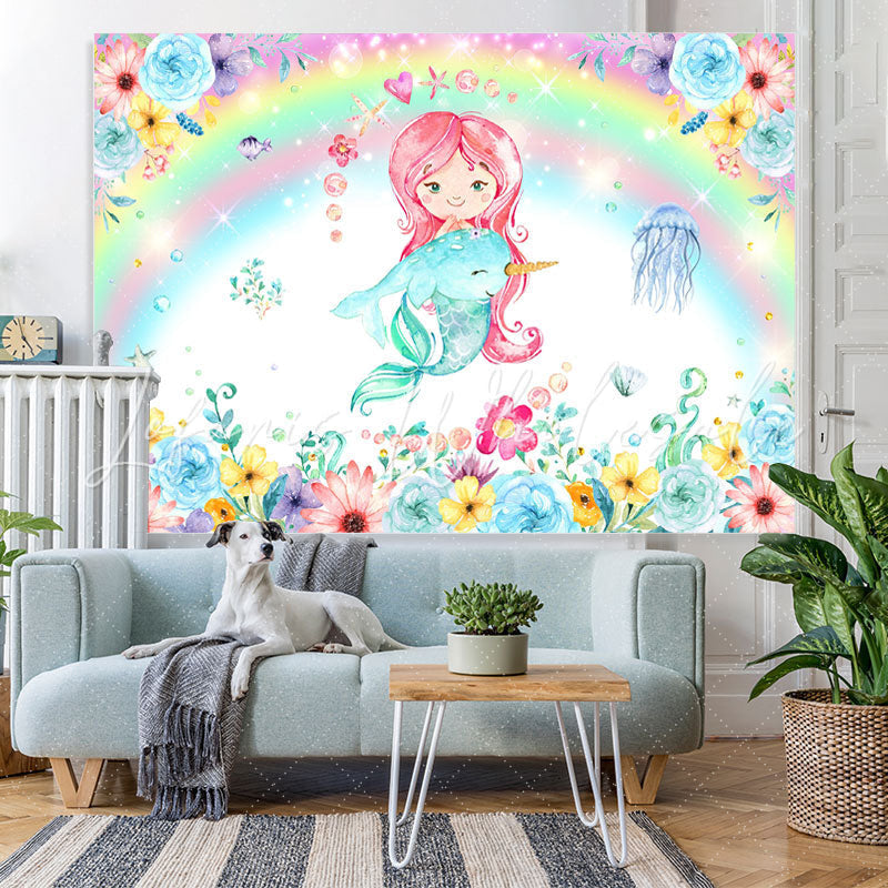 Lofaris Mermaid And Dolphin With Floral Birthday Party Backdrop