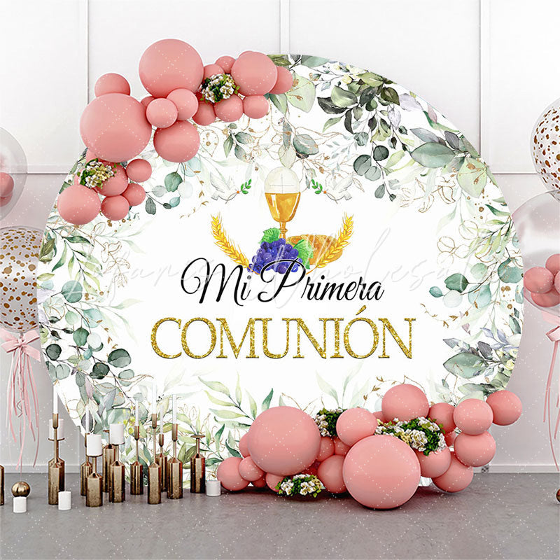 Lofaris Mi Primera Comunion Green Leaves Circle Baptism Backdrop