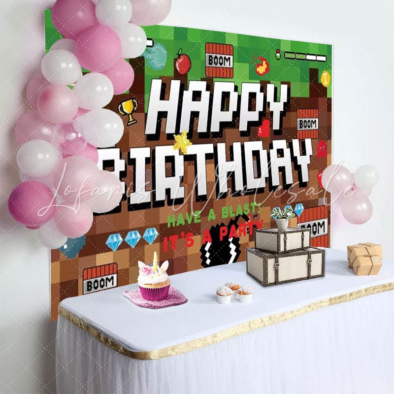 Minecraft Pixel Video Game Happy Birthday Party Backdrop For Boys
