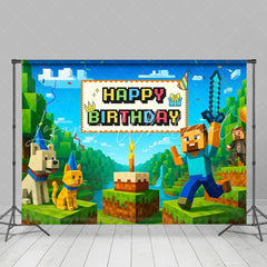 Miner Pixel Video Game Happy Birthday Backdrop For Boys Kids