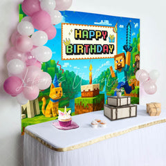 Miner Pixel Video Game Happy Birthday Backdrop For Boys Kids