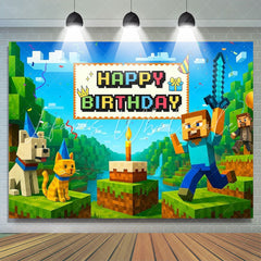 Miner Pixel Video Game Happy Birthday Backdrop For Boys Kids