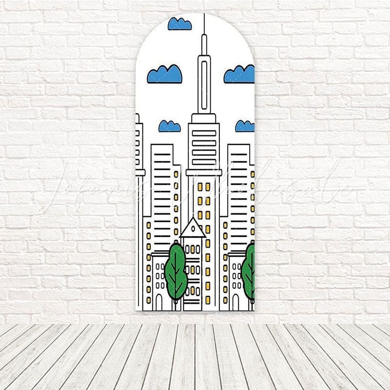 Modern City Outline Sketch Skyline Arch Backdrop For Photo Shoot Vibe