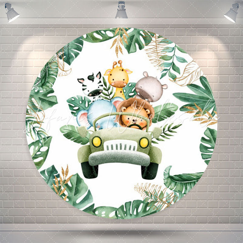 Lofaris Monstera Green Truck Animals Round Birthday Backdrop