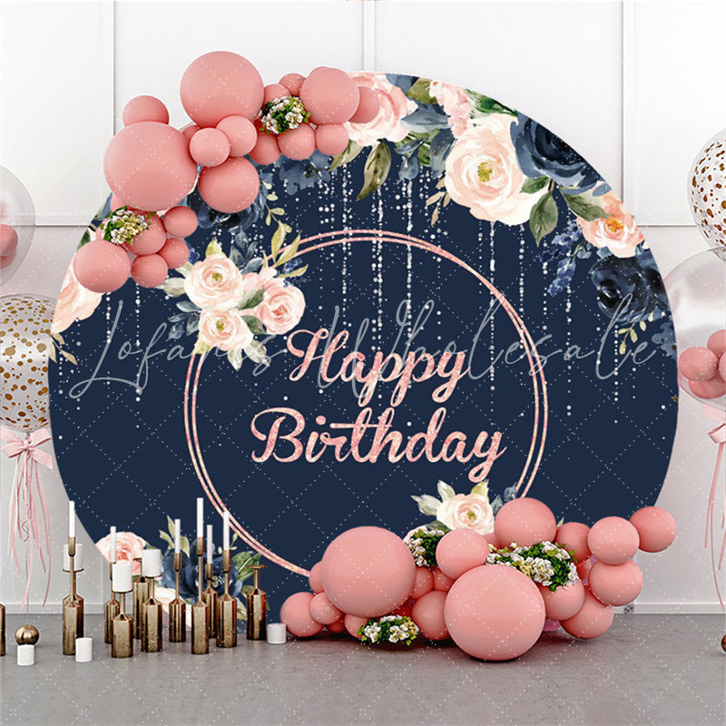 Lofaris Navy Blue And Light Pink Flower Birthday Circle Backdrop