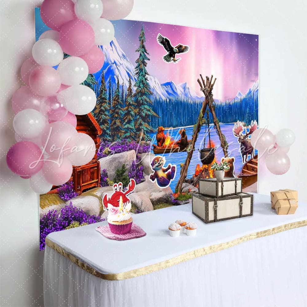 Norway Winter Forest Cabin Aurora Animal Birthday Party Backdrop
