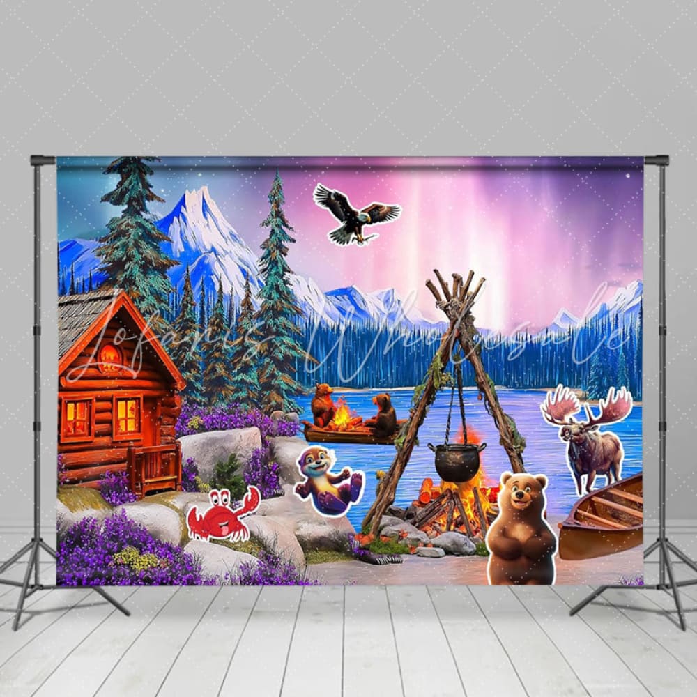 Norway Winter Forest Cabin Aurora Animal Birthday Party Backdrop