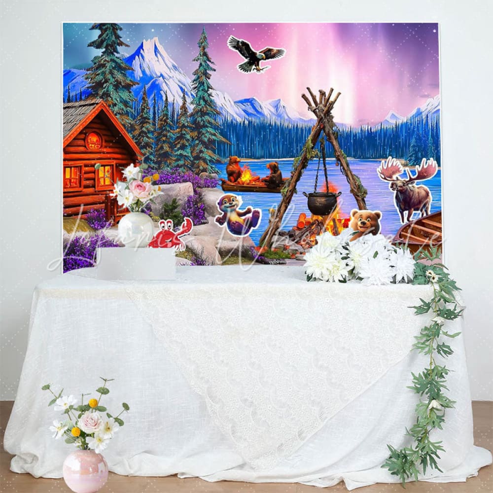 Norway Winter Forest Cabin Aurora Animal Birthday Party Backdrop