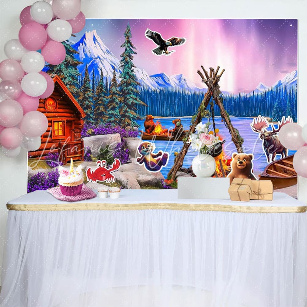 Norway Winter Forest Cabin Aurora Animal Birthday Party Backdrop